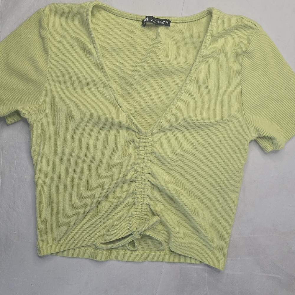 Zara Crop Top Ribbed Lime Green Short Sleeve Ruched Drawstring Y2K Baby Tee L